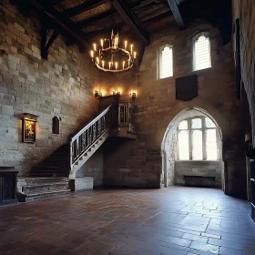 Medieval Hall Interior with Chandelier