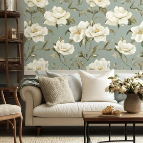 Floral Wallpaper and Comfortable Living Room