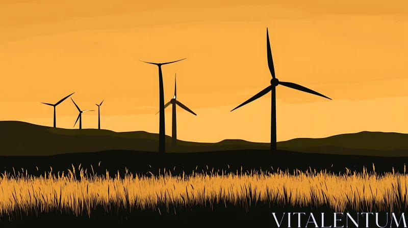 Golden Hour Wind Turbine Silhouette AI Image