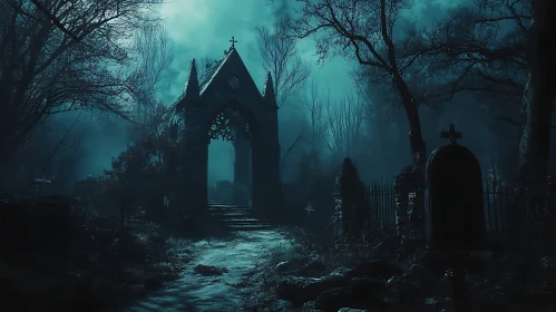 Foggy Graveyard with Gothic Archway