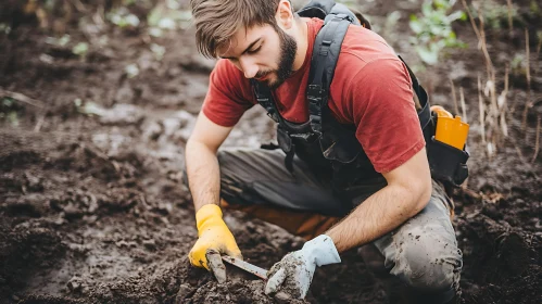 Man Working Outdoors with Soil