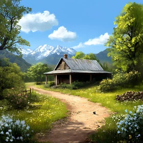 Rustic Cabin in a Mountainous Landscape