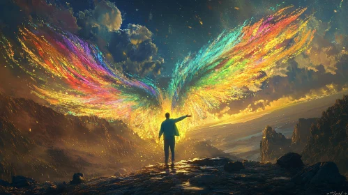 Man Reaching for Rainbow Sky