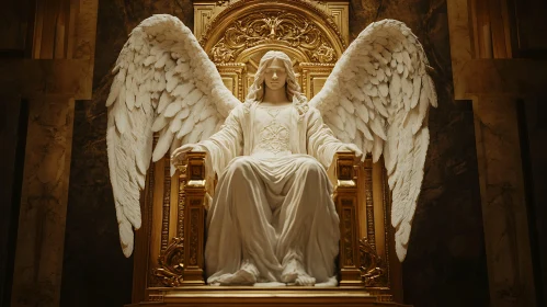 Winged Angel Statue Sitting on Throne