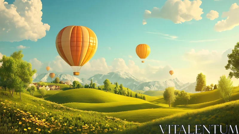 Balloons Over Green Hills AI Image