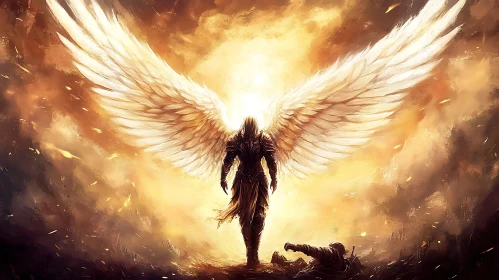 Winged Warrior in Fiery Landscape