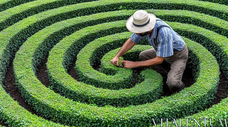 Gardener Shaping Spiral Bush Maze AI Image