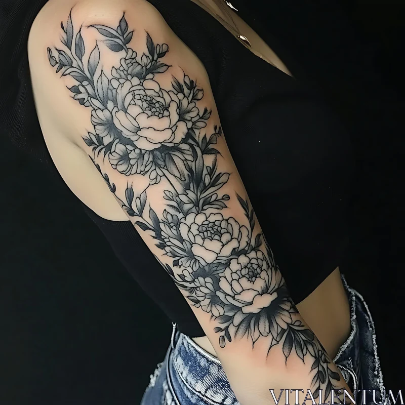 Exquisite Black and Gray Arm Tattoo of Flowers AI Image