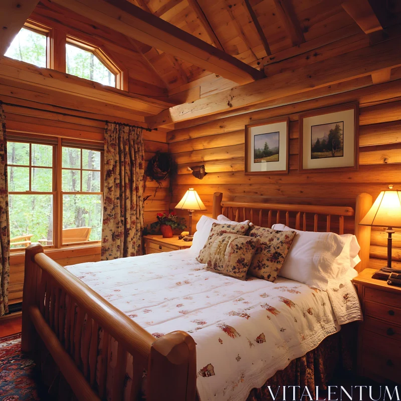 Wooden Cabin Bedroom Interior AI Image