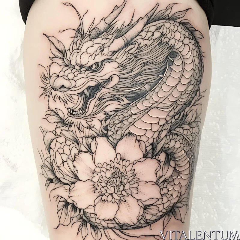 Mythical Dragon with Flowers Tattoo Design AI Image