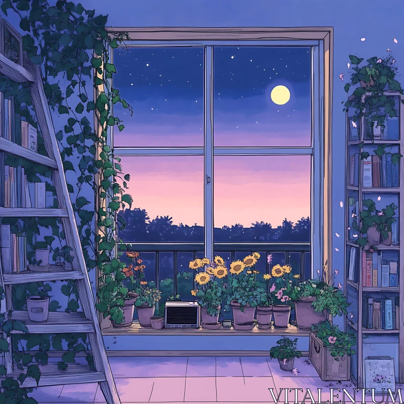 AI ART Moonlit Room with Books and Flowers