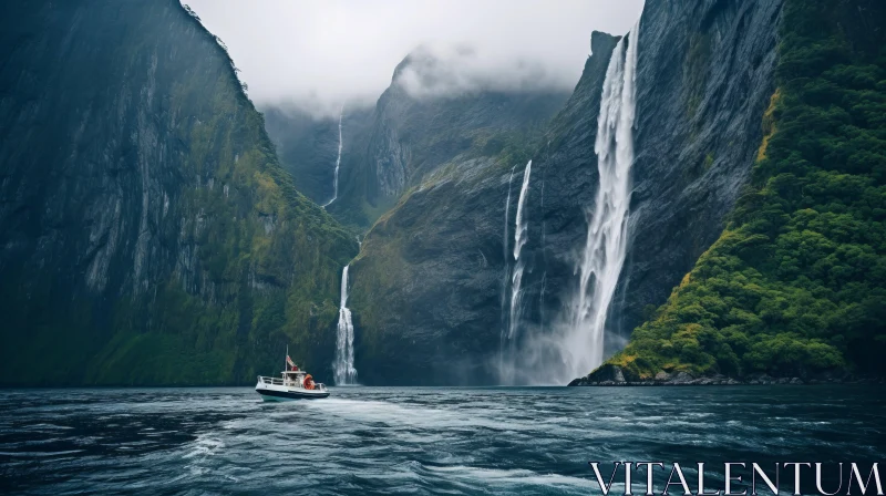 Captivating Nature: Boat Sailing Past Majestic Waterfall AI Image