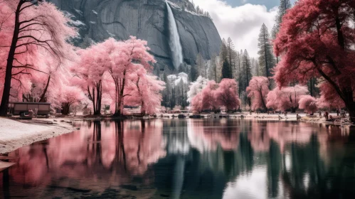 Captivating Pink Trees in Front of Majestic Waterfall - Atmospheric Landscape Art