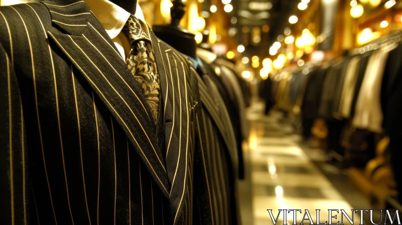 Close-up of a Stylish Black Suit with White Pinstripe and Gold Paisley Tie AI Image