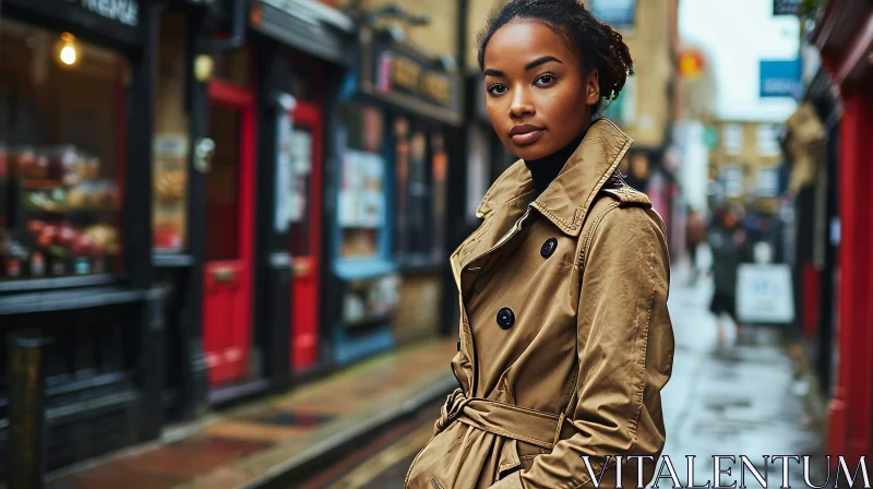Confident African-American Woman in Brown Trench Coat in Colorful Street AI Image
