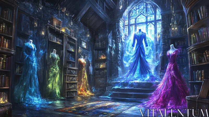 Glowing Dresses Display in Old Library AI Image