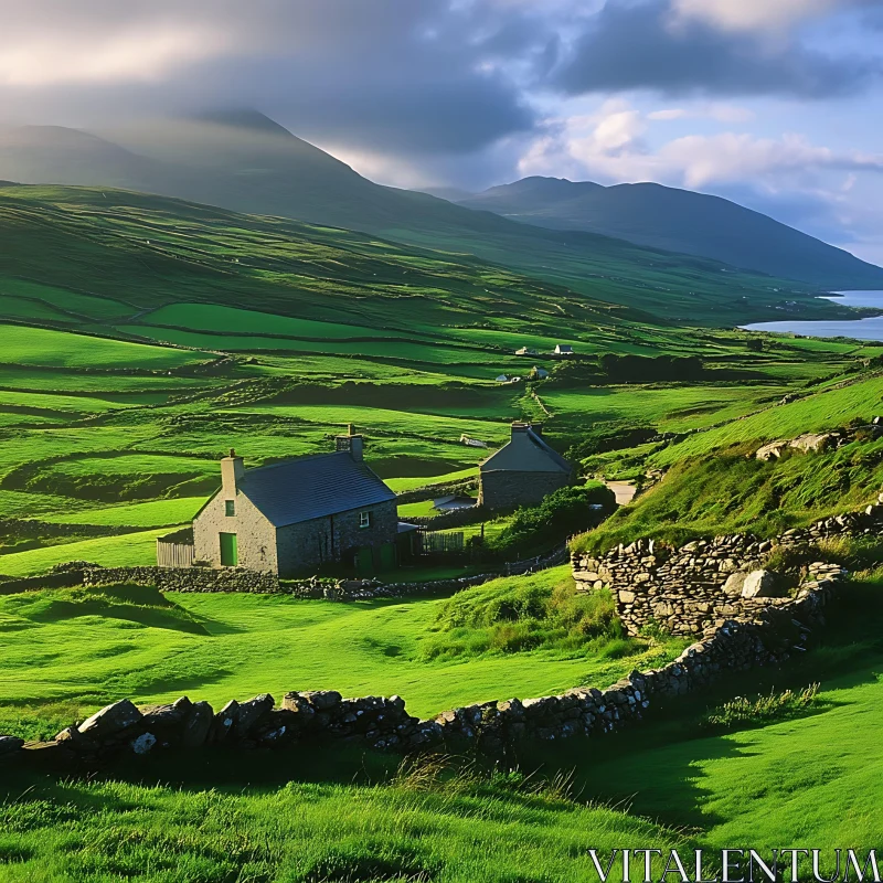 Picturesque Green Landscape with Stone Buildings AI Image