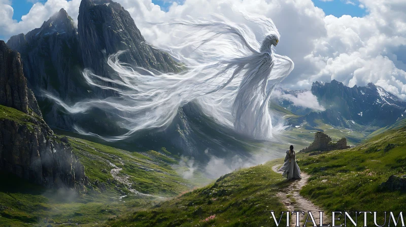 AI ART Serene Mountain Path with Angelic Figure