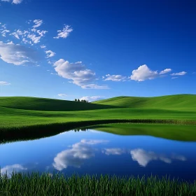 Peaceful Hills Landscape with Pond Reflection