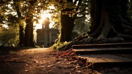 Enchanting Forest Pathway with Clock: A Study in Golden Light and Romantic Ruins