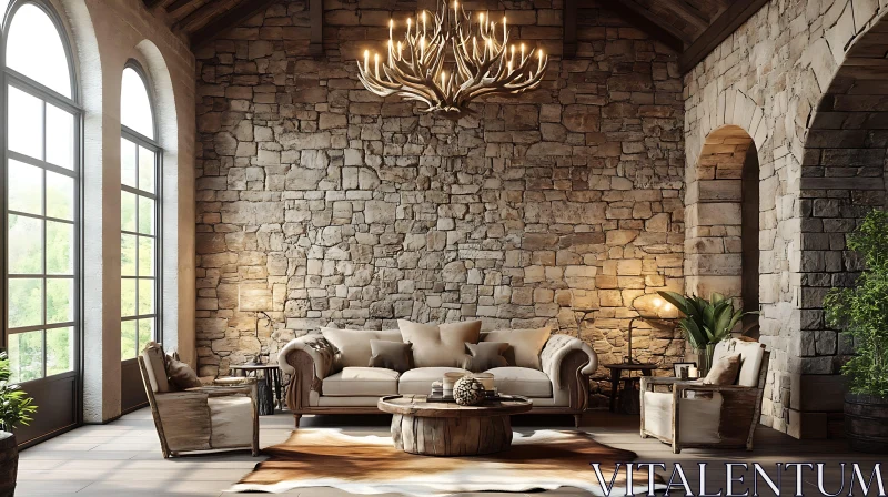 Cozy Interior with Antler Chandelier AI Image