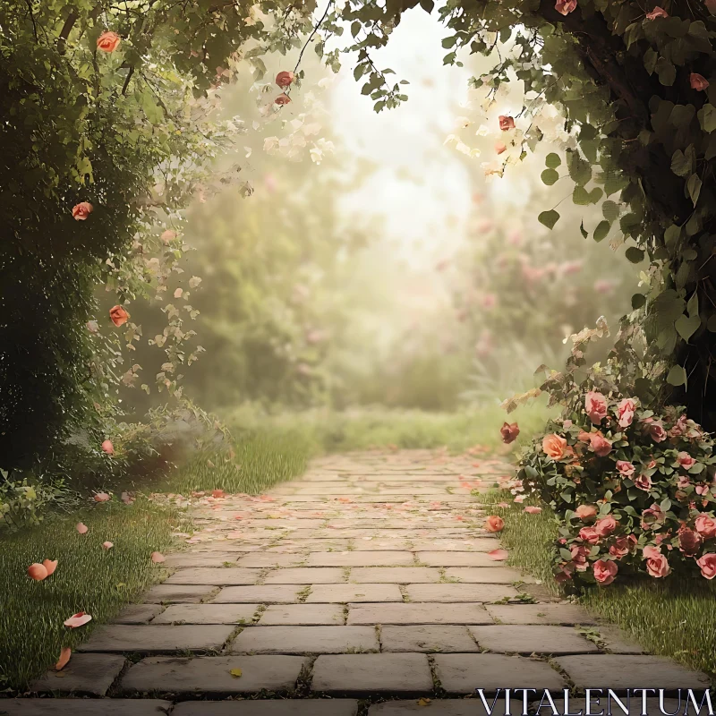 Rose-Lined Path in a Dreamy Garden AI Image