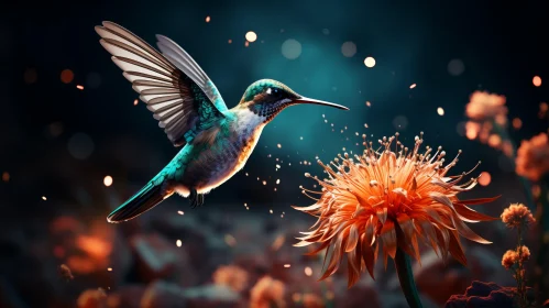 Hummingbird Amidst Blooming Flowers - A Night Scene