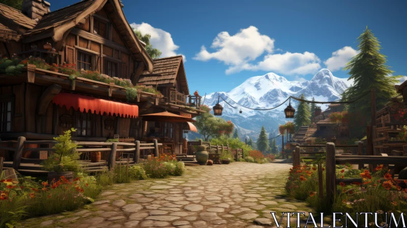 Idyllic Mountainous Village - A Charming 3D Scene AI Image