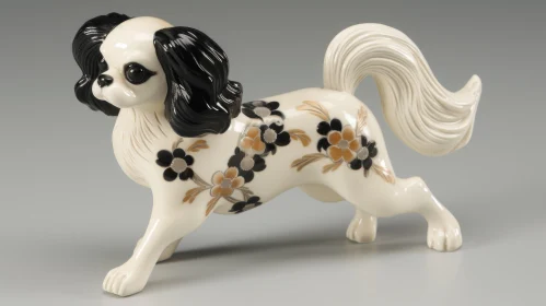Japanese-Inspired Ceramic Dog Figurine with Embroidered Flowers
