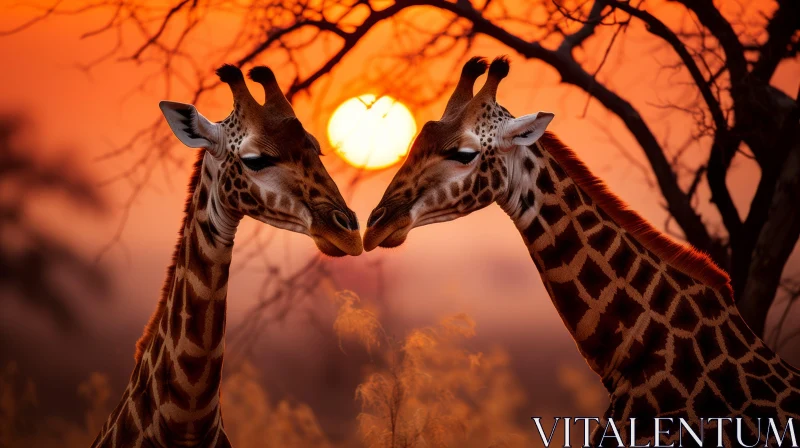 Romantic Wilderness: Giraffes Embrace at Sunset AI Image