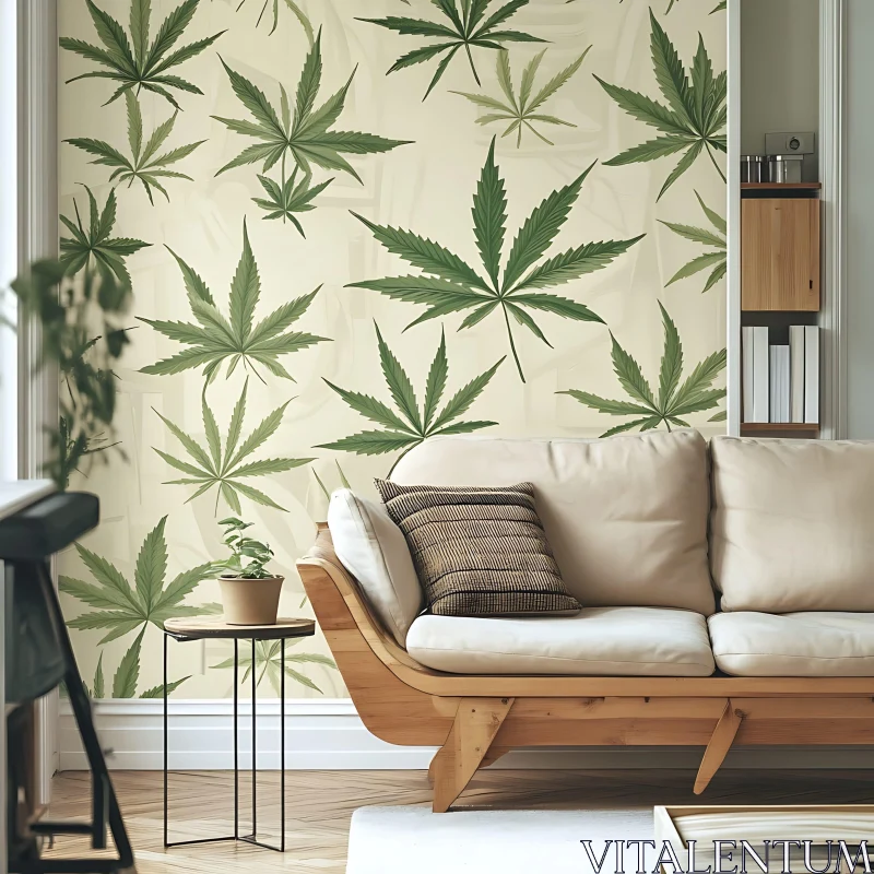 AI ART Modern Interior with Botanical Wallpaper