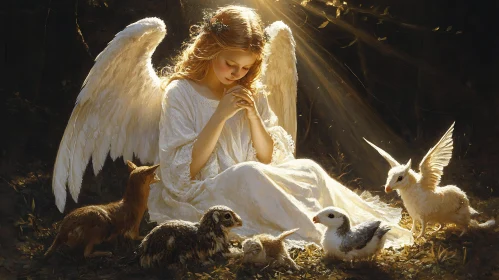 Fantasy Angel Surrounded by Animals