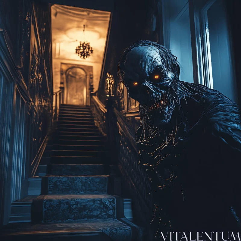 Nightmarish Figure on Dark Stairs AI Image