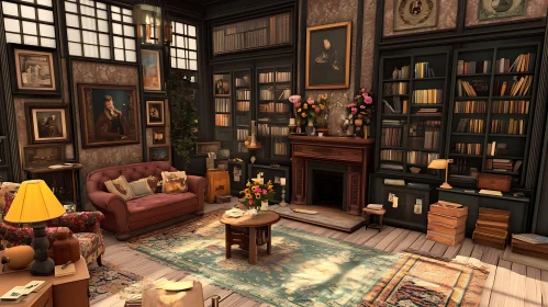 Vintage Library Room With Books