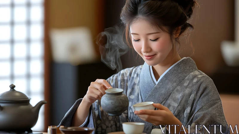 Woman in Kimono Pouring Tea AI Image