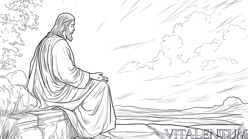 Serene Figure in Contemplation Line Art AI Image