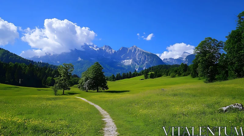 AI ART Lush Green Field and Mountain Landscape