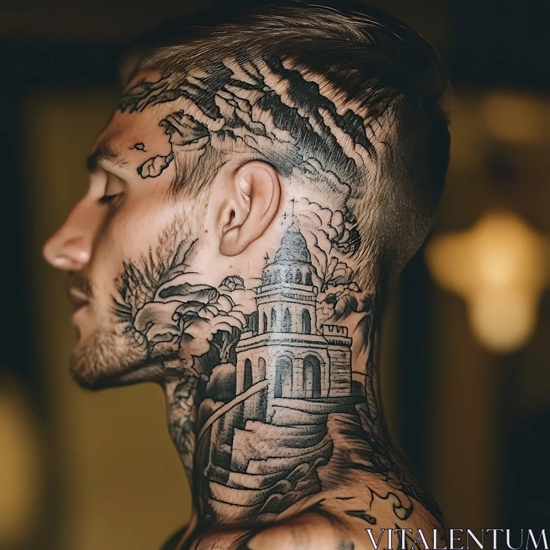 Architectural Head and Neck Tattoo Design AI Image