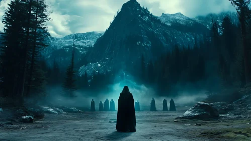 Cloaked Figures in a Mountainous Ritual