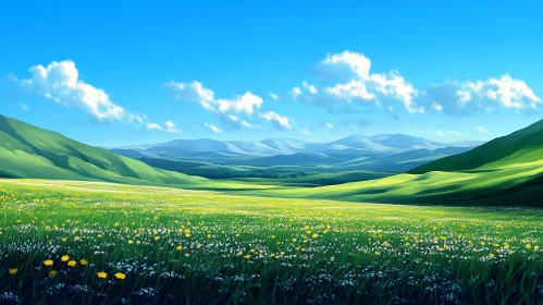 Scenic Meadow with Flowers and Hills