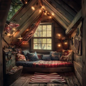 Cozy Cabin Room with Festive Lights