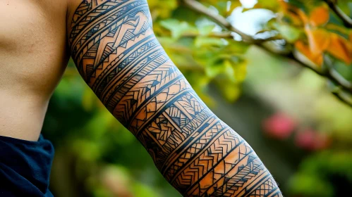 Complex Geometric Arm Tattoo with Tribal Patterns