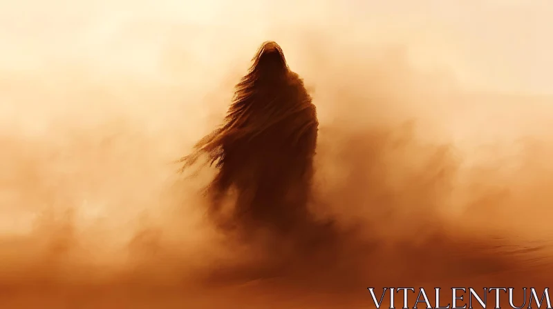 AI ART Mysterious Cloaked Figure in Desert Landscape