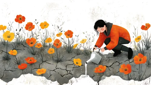 Girl Watering Flowers in Dry Land