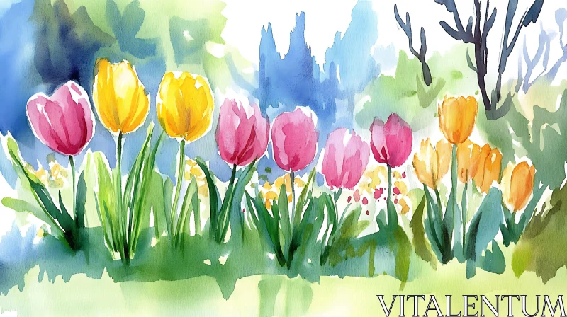 Floral Watercolor Art: Row of Tulips AI Image