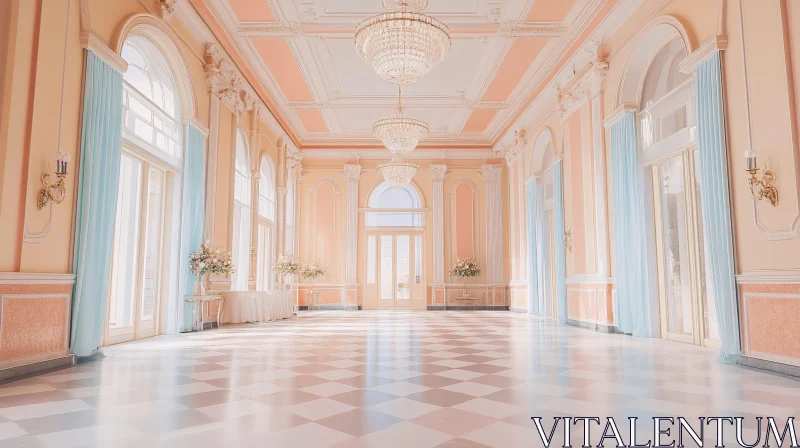 Peach-Toned Grand Hall with Checkered Floor AI Image