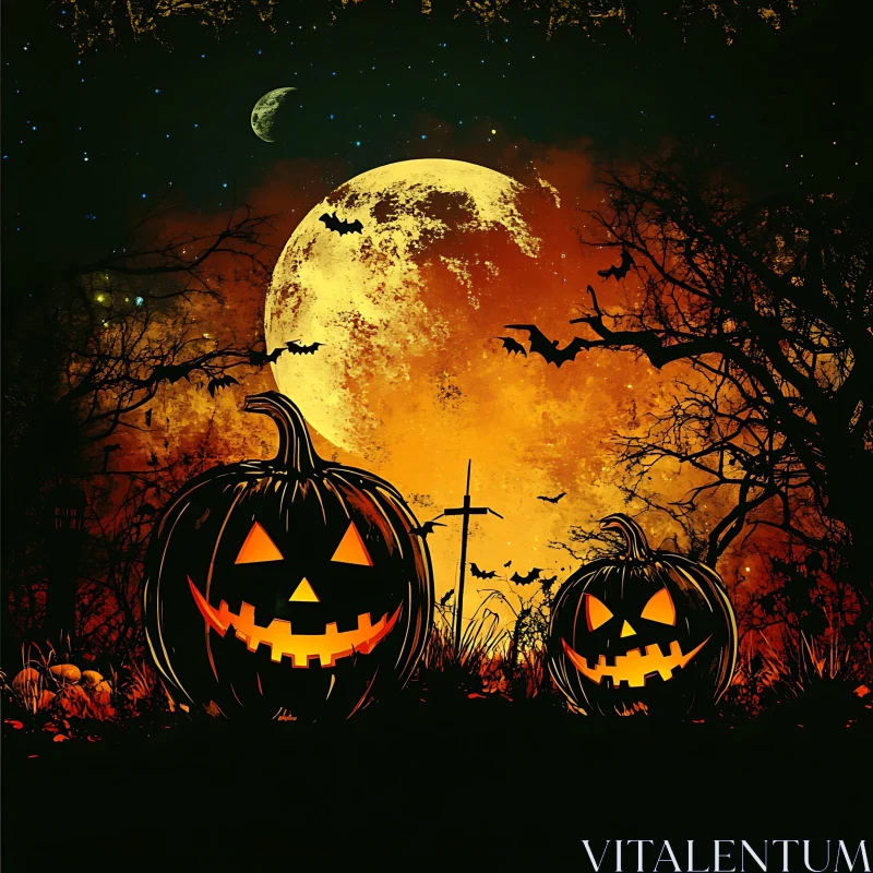 AI ART Halloween Pumpkins Under the Moonlight