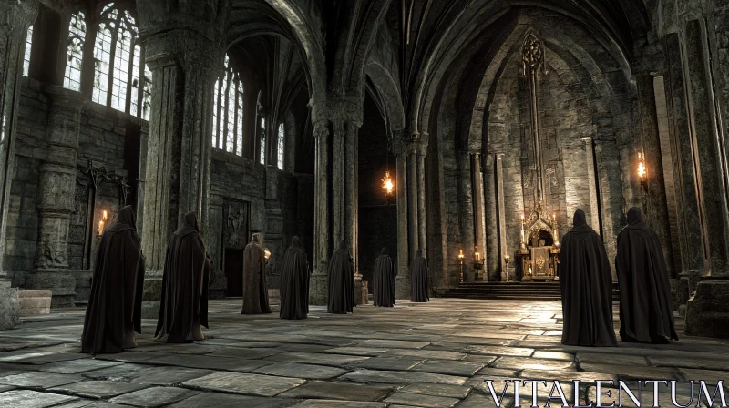 AI ART Cloaked Figures in Gothic Hall