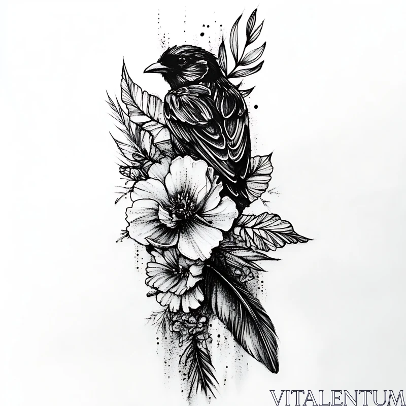 Detailed Bird Tattoo with Floral Elements AI Image