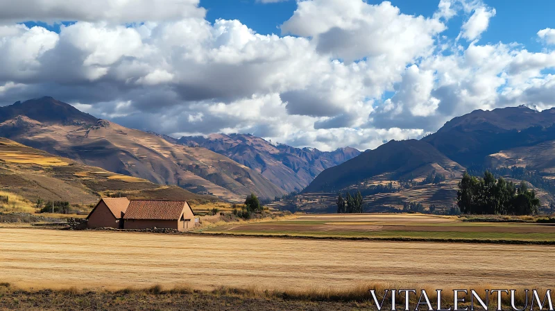 Rural Mountain Scenery With Farmhouse AI Image